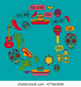 Vector doodle icons Mexican party Hello How are you Food Drinks