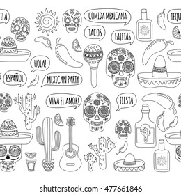 Vector doodle icons Mexican party for adult coloring book Hello! How are you? Food and drinks
