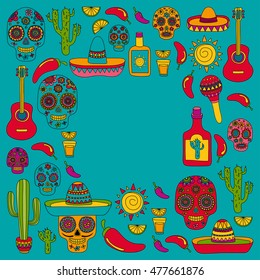 Vector doodle icons Mexican party Hello How are you Food Drinks