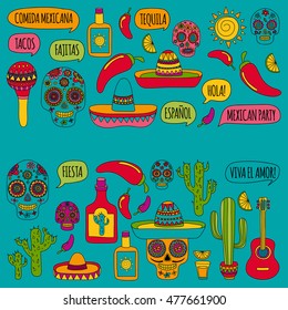 Vector doodle icons Mexican party Hello How are you Food Drinks