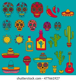 Vector doodle icons Mexican party Hello How are you Food Drinks