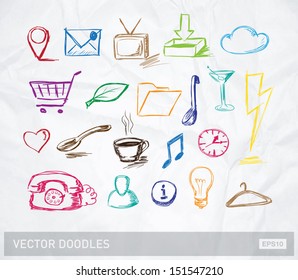 Vector doodle icons and objects collection, color version on crumpled paper