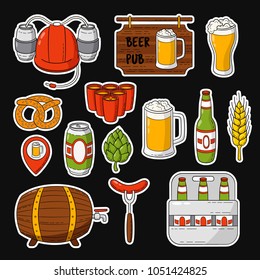 Vector doodle icons. Set of beer symbols. Beer helmet, mug, glass, sausage, barrel, beer pong