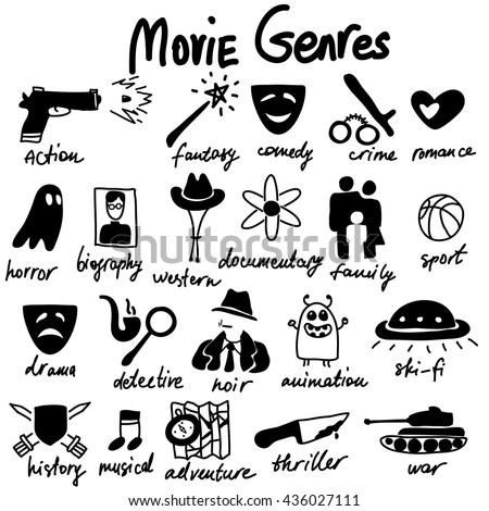 Vector doodle icons set. Cinema genres theme. Red and Blue
