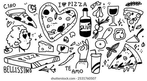 Ícones de doodle vetorial Conjunto de elementos de pizza. Arte de Estilo de Desenho Animado com Elementos de Design Retro.