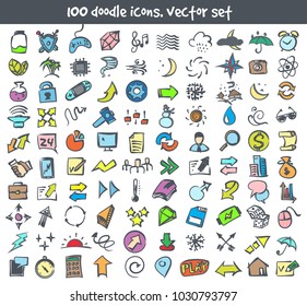 Vector doodle icons set. Stock cartoon signs for design.