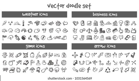 Vector doodle icons set. Stock cartoon signs for design.
