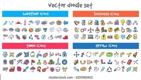 Vector doodle icons set. Stock cartoon signs for design.