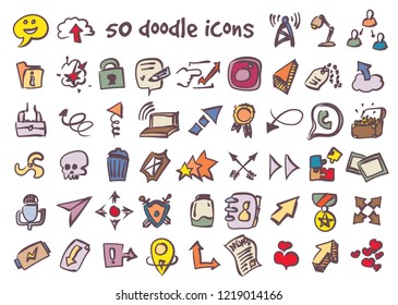 Vector doodle icons set. Stock cartoon signs for design.