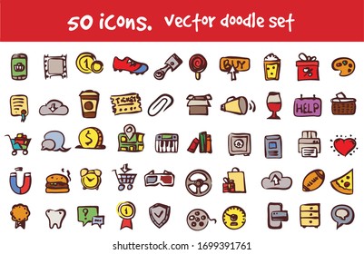 Vector doodle icons set. Stock cartoon signs for web design.