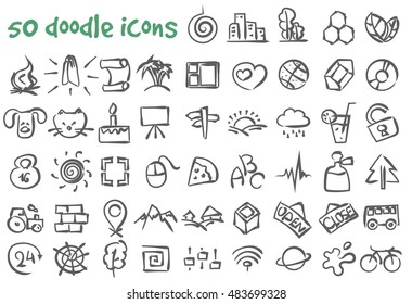 Vector doodle icons set. Stock cartoon signs for design.