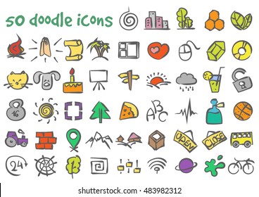 Vector doodle icons set. Stock cartoon signs for design.