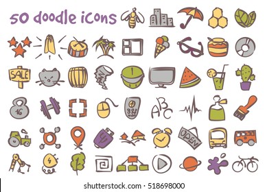 Vector doodle icons set. Stock cartoon signs for design.