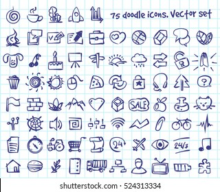 Vector doodle icons set. Stock cartoon signs for design.