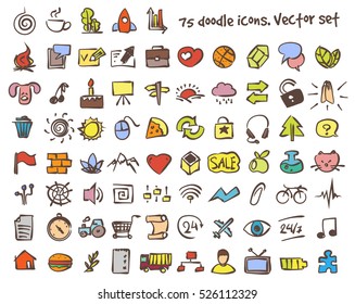 Vector doodle icons set. Stock cartoon signs for design.