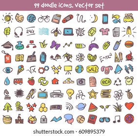 Vector doodle icons set. Stock cartoon signs for design.