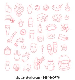 Vector doodle icons spa elements set. Hand drawn spa and massage salon objects collection. Candles, skincare, facial mask, tea kettle, aromalamp, wooden bucket and bamboo objects isolated illustration