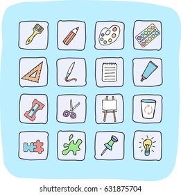 Vector doodle icons. Subjects for creativity.  Scissors, paint, brush, ruler, palette, paper, compasses