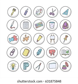 Vector doodle icons. Subjects for creativity.  Scissors, paint, brush, ruler, palette, paper, compasses
