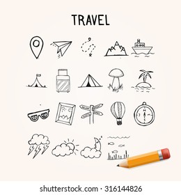 Vector Doodle Icons, Travel Hand Drawn Objects