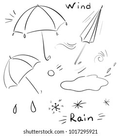 Vector doodle icons with umbrella, rain, hail, puddles, decor elements