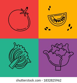 Vector doodle icons of vegetables. Illustration, lines, contour, bright background, cut, tomato, cabbage, leaf, piece, seed, colorful, food, sweet, summer, fall. Vegetables in colored squares