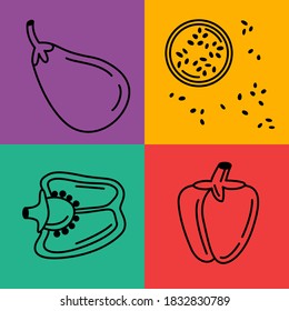 Vector doodle icons of vegetables. Illustration, lines, contour, bright background, cut, eggplant, pepper, piece, seed, colorful, food, sweet, summer, fall. Vegetables in colored squares