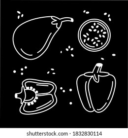 Íconos vectoriales de verduras sobre fondo negro. Ilustración, líneas, contorno, corte, tomate, col, hoja, pieza, semilla, comida, dulce, verano, otoño