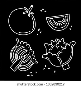 Vector doodle icons of vegetables on black background. Illustration, lines, contour,  cut, tomato, cabbage, leaf, piece, seed, food, sweet, summer, fall