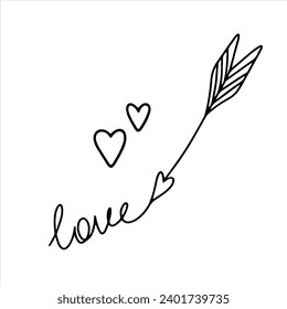 Vector doodle illustration, arrow with heart. Valentine's Day, wedding