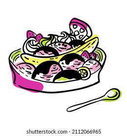 Vector doodle illustration of banana split with strawberries, chocolate  and whipped cream. Minimalist image of an ice cream  with pink, fuchsia, green and yellow abstract shapes background.