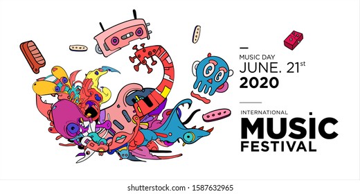 Vector doodle illustration banner and poster world music day
