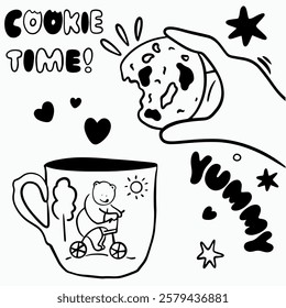 Vector doodle illustration with bears, cup, lettering and cookies black line for branding, graphic design of cafe, restaurant, tea, coffee, biscuit