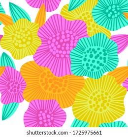 Vector doodle illustration of beautiful colorful flowers with leaves. Seamless floral pattern 