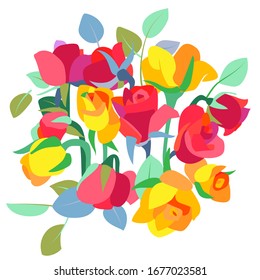 Dibujo vectorial de doodle con hermosas flores. Buen ramo de rosas. Flores rojas y amarillas en primavera y verano. Imagen pequeña para postal, papel envolvente, cubierta, papel pintado.