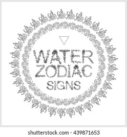 Vector doodle illustration. Beautiful symbol, lettering with water zodiac words and round frame background. Ocean and Sea theme, fish, coral, seaweeds elements. Coloring for adult book page 