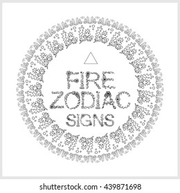 Vector doodle illustration. Beautiful symbol, lettering with fire zodiac words and round frame background. Ocean and Sea theme, fish, coral, seaweeds elements. Coloring for adult book page