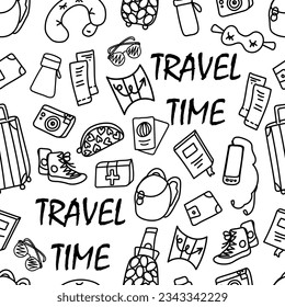 vector doodle illustration, black line seamless pattern on white background - a set of items for travel, tourism with the inscription travel time. For packaging, wallpaper, web design