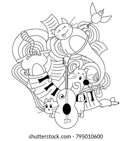 Vector doodle illustration. Black and white cats with musical instruments.