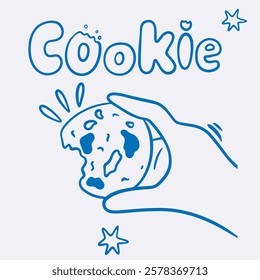 Vector doodle illustration of blue line cookie in hand, lettering for coffee shop logo, pastry shop, bakery, branding, print