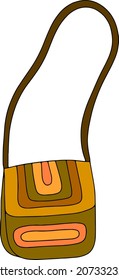 Vector doodle illustration boho brown stylish handbag. Bohemian crossbag with stylish print. Female accessory