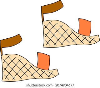 Vector doodle illustration boho female begie wedge shoes. Bohemian fashion woman footwear. Boho style element