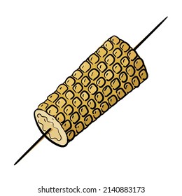 Vector doodle illustration of boiled corn on a skewer isolated on white.