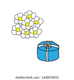 Vector doodle illustration of a bouquet of daisies and a gift box
