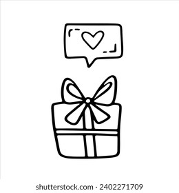 Ilustración del doodle vectorial. Caja con un regalo y un mensaje de amor. dibujo para el día de San Valentín