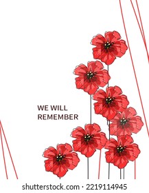 Vector doodle illustration of a bright red poppy flower. Remembrance Day, Memorial Day, Anzac Day. 