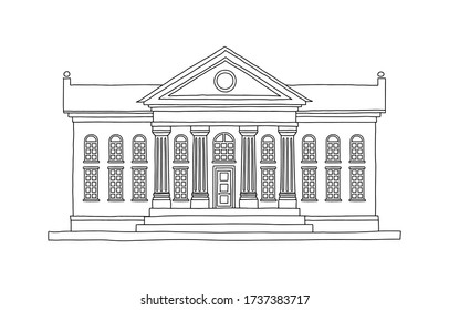 Vector doodle illustration building with title and columns isolated on white. City architecture public government building. Art museum of modern painting, bank, library, university for colring book