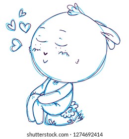 Vector doodle illustration of a bunny in love, sitting dreaming. Cute style character, colorful
