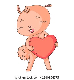 Vector doodle illustration of a bunny in love with a big heart. Cute style character, colorful
