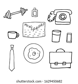 Vector doodle illustration of a business man's morning set, dumbbell, perfume, aftershave, phone, newspaper, cup, glass, mobile phone, tie, scrambled eggs, briefcase